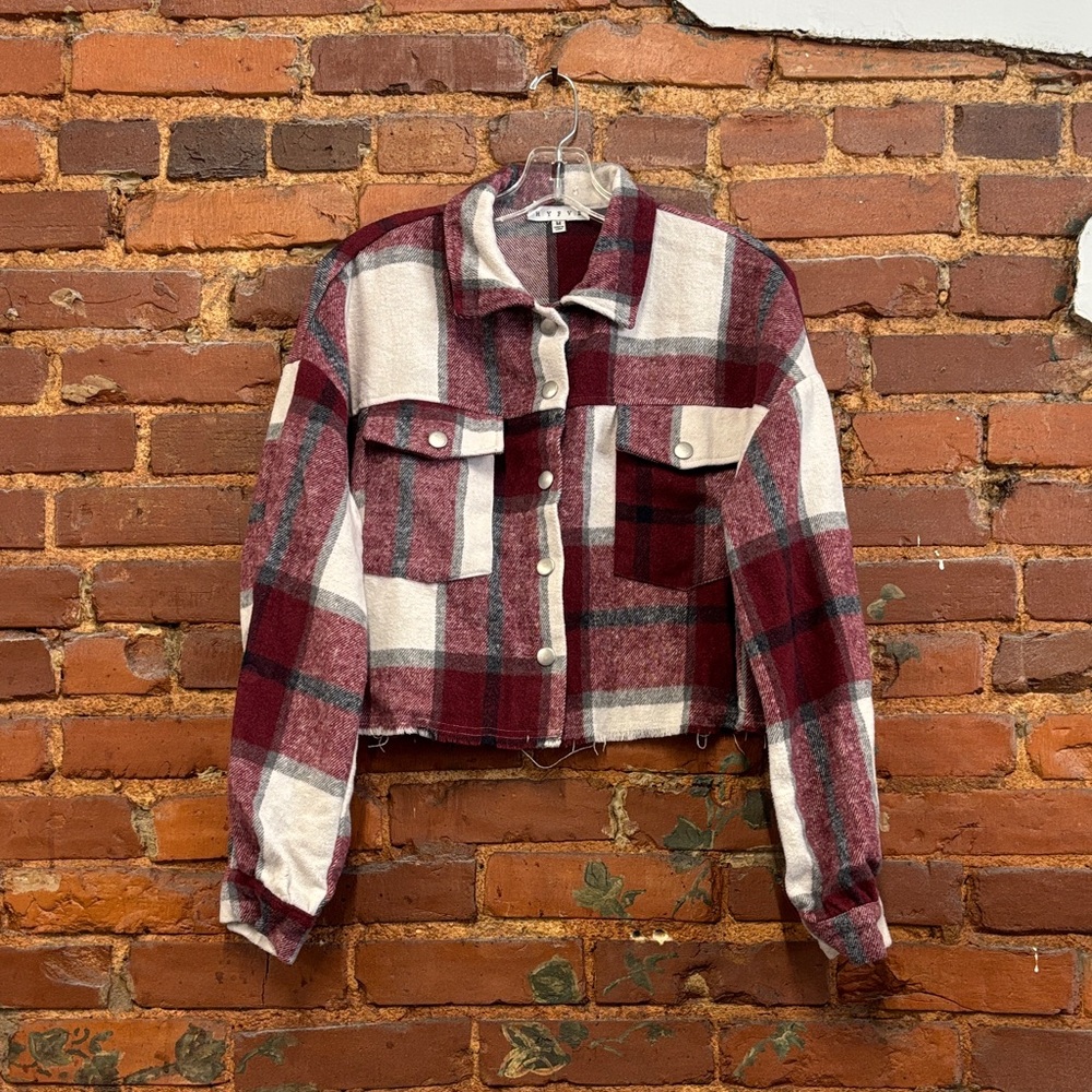 HYFVE Maroon & White Plaid‎ Cropped Jacket Size Medium